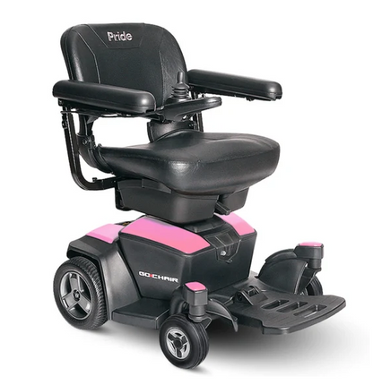 A black and pink power wheelchair with a padded seat, armrests, and a footrest, shown on a clean white background. The brand 'Pride' is visible on the backrest, and 'GOD CHAIN' is visible on the side panel.