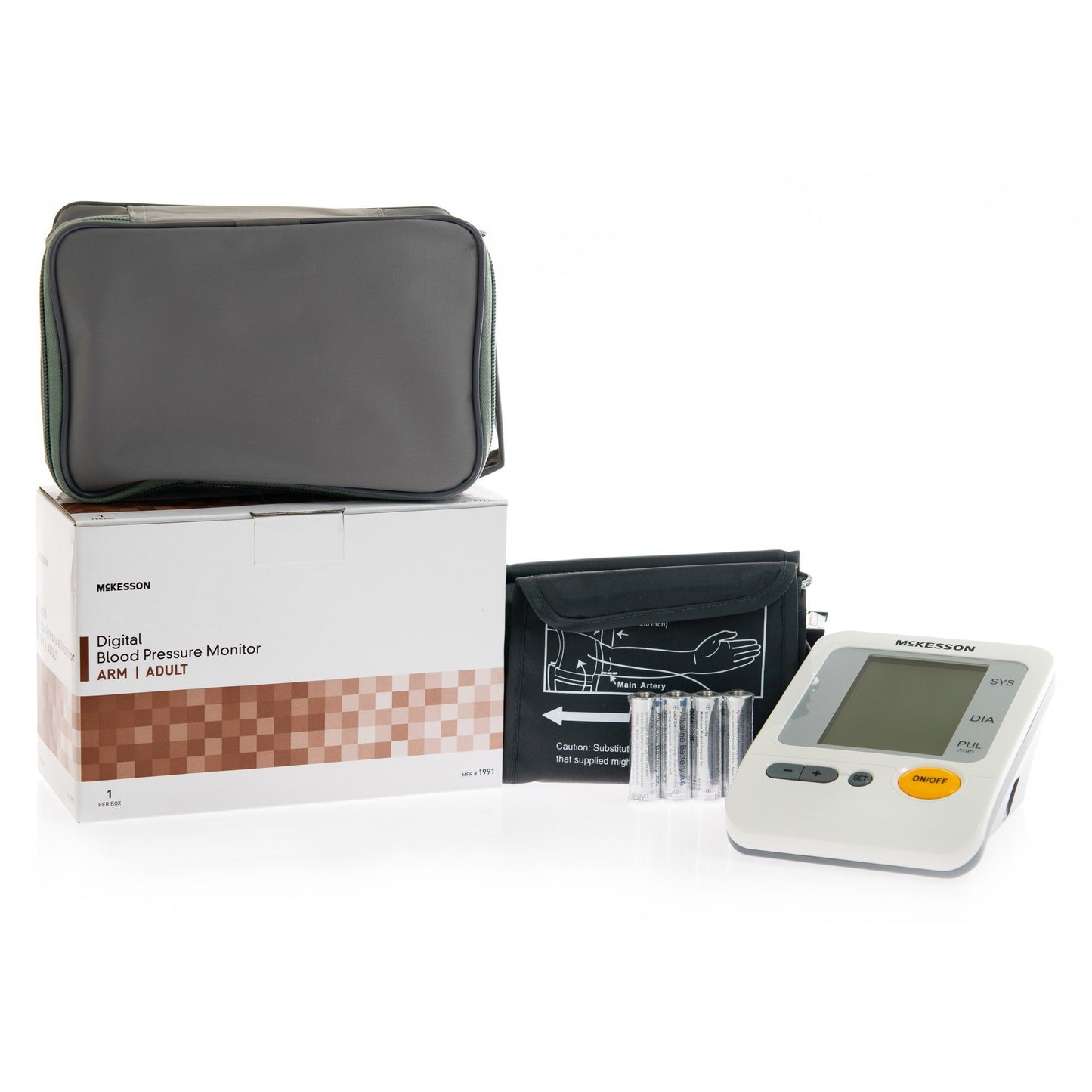 Digital blood pressure monitor with arm cuff, carrying case, and accessories