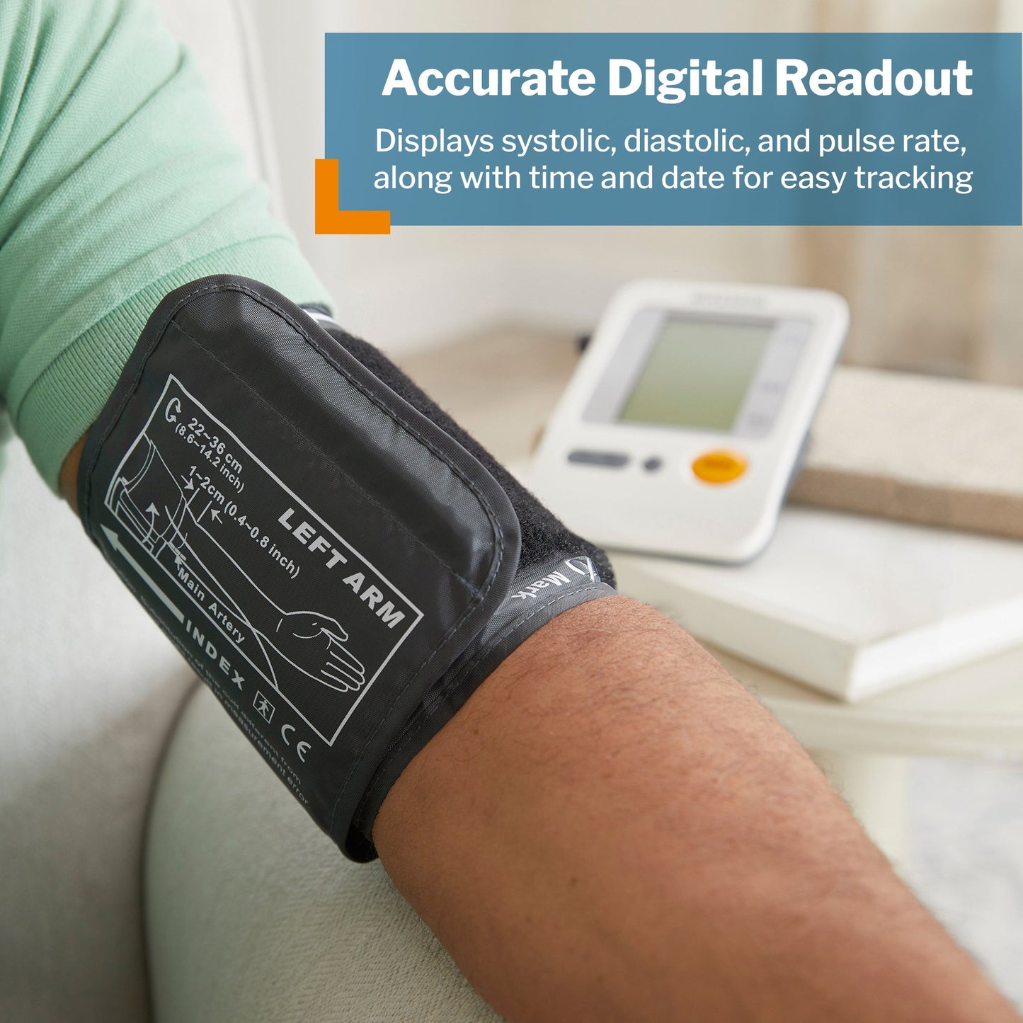 Digital arm cuff blood pressure monitor with storage case and batteries