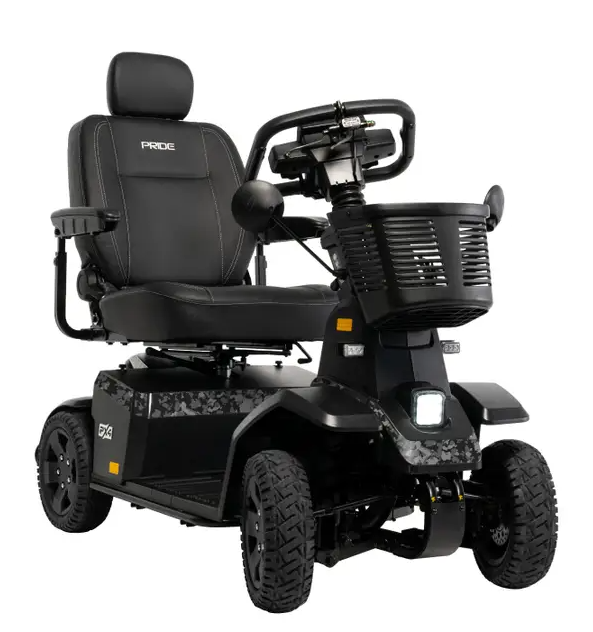 A black electric mobility scooter with a high-back seat, front storage basket, and rugged tires, shown on a plain white background. The brand name 'PRIDE' is visible on the backrest.