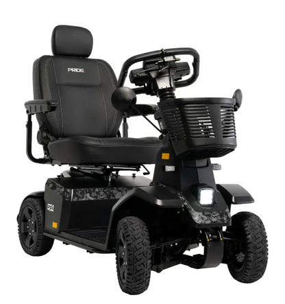 A black electric mobility scooter with a high-back seat, front storage basket, and rugged tires, shown on a plain white background. The brand name 'PRIDE' is visible on the backrest.