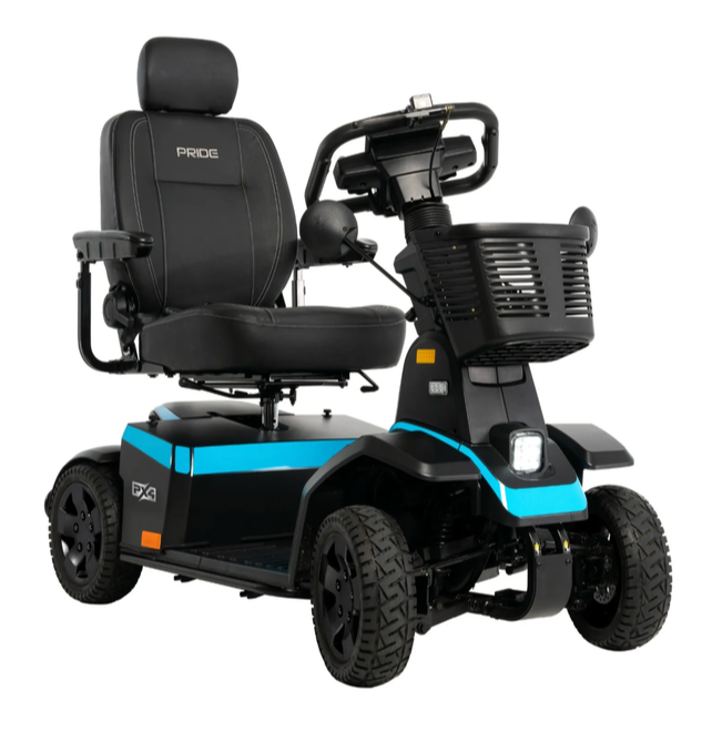A black electric mobility scooter with bright blue accents, featuring a padded seat, steering handlebar, front storage basket, and rugged tires, shown on a plain white background.