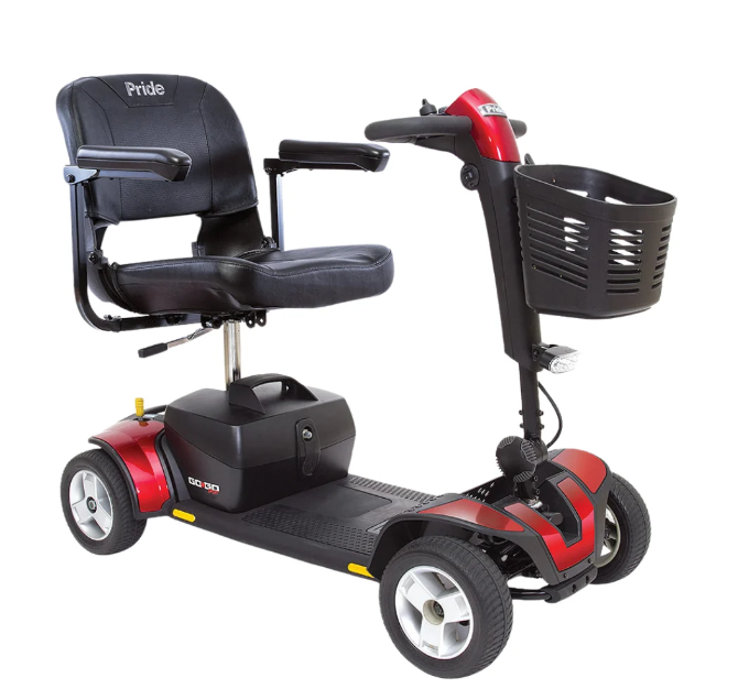 A red and black Pride Go-40 mobility scooter with a black seat, armrests, and a front basket, shown on a solid white background.