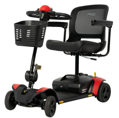 A black and red Pride electric power wheelchair with a high-back mesh seat, front storage basket, and four wheels, shown on a plain white background.