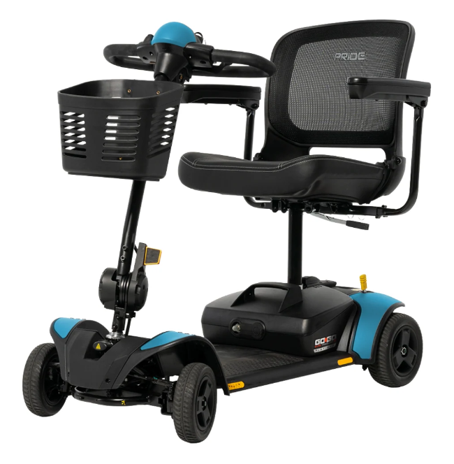 A ProE electric mobility scooter with a black seat, black basket, and bright blue accents, shown on a solid white background.