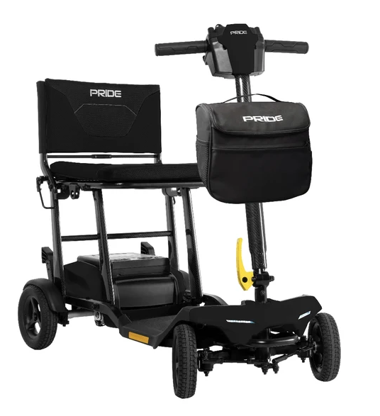 A black Pride electric mobility scooter with a rear passenger seat, a front storage bag, and a yellow hand lever, shown on a solid white background.