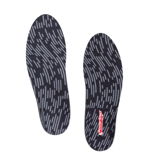 A pair of athletic insoles with a black and gray linear dash pattern, shown from top and bottom views on a white background. The brand name 'Powerstep' is printed in red on the heel area of the bottom insole.