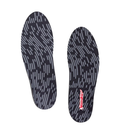 A pair of athletic insoles with a black and gray linear dash pattern, shown from top and bottom views on a white background. The brand name 'Powerstep' is printed in red on the heel area of the bottom insole.