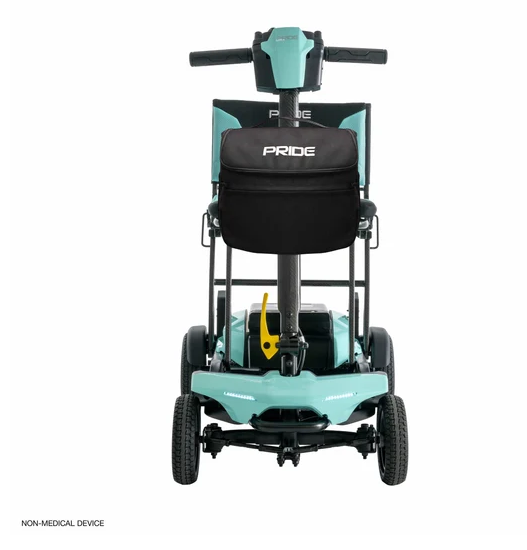 A teal and black electric lawn mower chair with a backrest, shown from the rear on a white background. The brand name 'PRIDE' is visible on the backrest and handle area.