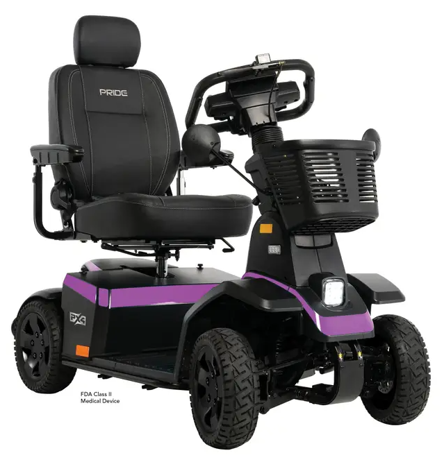 A black Ride T4 electric mobility scooter with purple accents, featuring a high-back seat, front basket, and four wheels, shown on a white background.