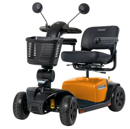 Pride electric mobility scooter with a bright orange battery housing, black seat and basket, and four wheels, shown on a plain white background.