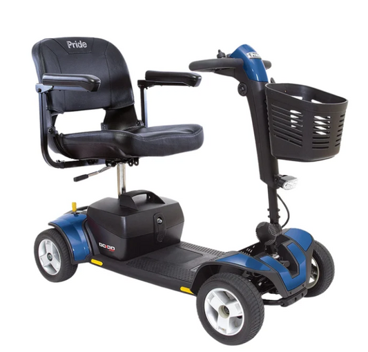 A blue and black Pride Segway scooter with a black seat, armrests, and a front basket, shown on a plain white background.
