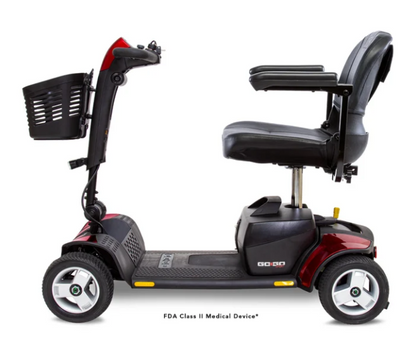 A mobility scooter with a black seat, black basket, and dark red body panels, shown from a side profile on a white background. The text 'FDA Class II Medical Device' is visible at the bottom.