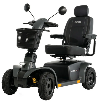 A black and dark gray four-wheel electric mobility scooter with a front basket, side mirrors, and a padded seat with the brand name PRIDE visible on the backrest.