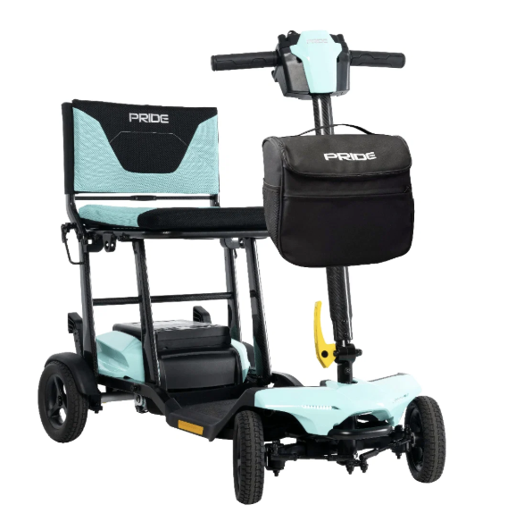 A light blue and black electric three-wheel mobility scooter with a matching backrest, a black storage bag, and a handlebar-mounted control unit, shown on a plain white background.