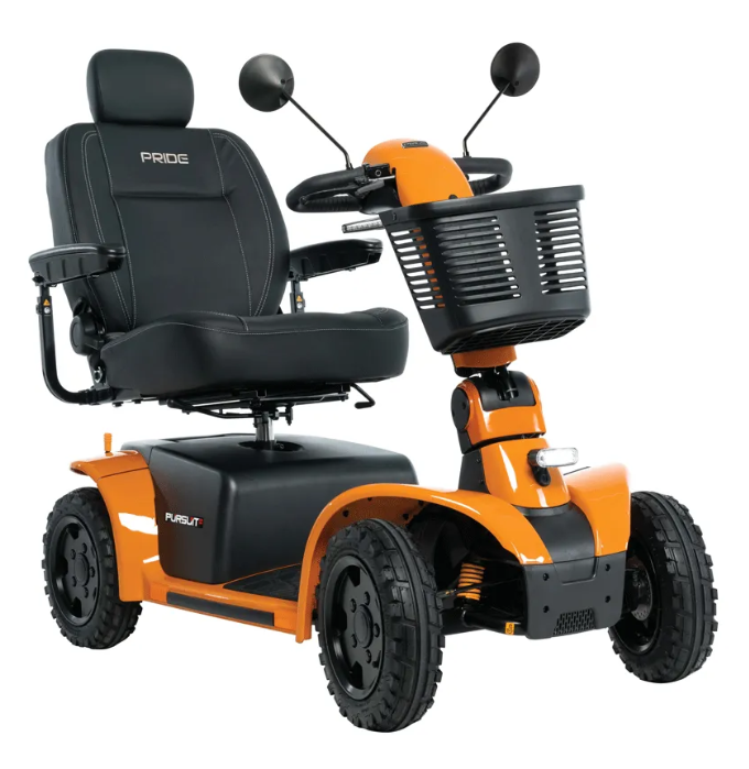An orange and black electric mobility scooter with a black seat, front basket, and four wheels, shown on a plain white background.