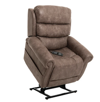 A brown upholstered lift chair with a black metal base and a remote control resting on the seat, shown against a plain white background.