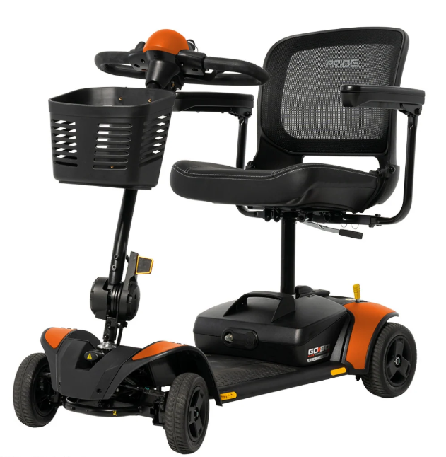 A black and orange Pride Go3 electric mobility scooter with a black mesh back seat, a front storage basket, and a footrest, shown on a solid white background.