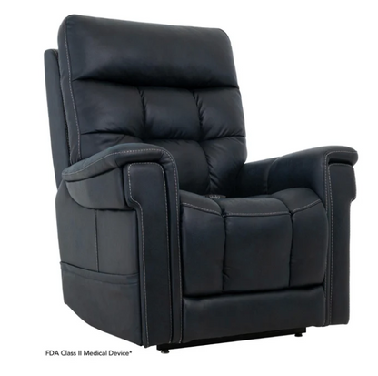 Black faux leather recliner chair with tufted backrest and padded armrests, shown on a white background with small FDA Class II Medical Device text at the bottom left.