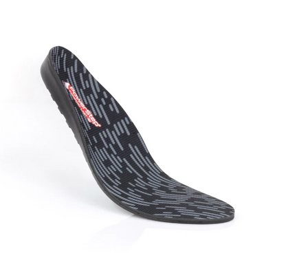 A single insole shown at an angle on a white background, featuring a black and gray geometric patterned upper and a black sole with a red brand label.