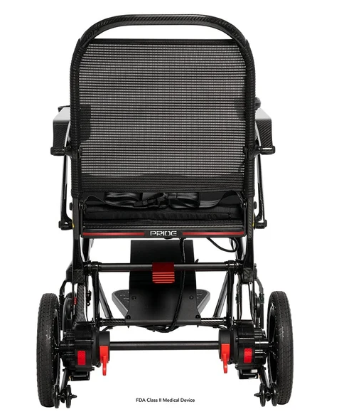 A rear view of a black Powerchair Technologies medical wheelchair with a black mesh backrest, padded seat, and small red accents on the frame and wheel hubs, shown on a white background.