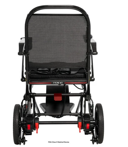 A rear view of a black Powerchair Technologies medical wheelchair with a black mesh backrest, padded seat, and small red accents on the frame and wheel hubs, shown on a white background.