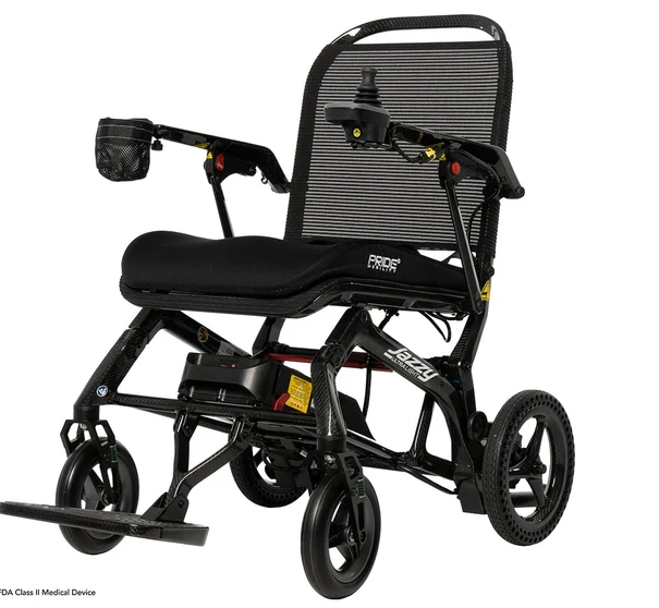 A black electric medical wheelchair with a mesh backrest, padded seat, and large wheels, shown on a plain white background. The brand name 'PRODIGY' is visible on the side of the seat.