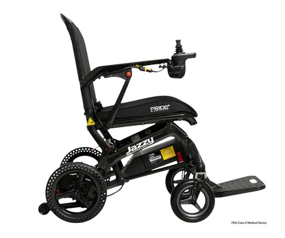 A black electric wheelchair with a high backrest, three wheels, and a footrest, shown from a side angle on a white background. The brand name 'Jazzy' is visible on the frame.