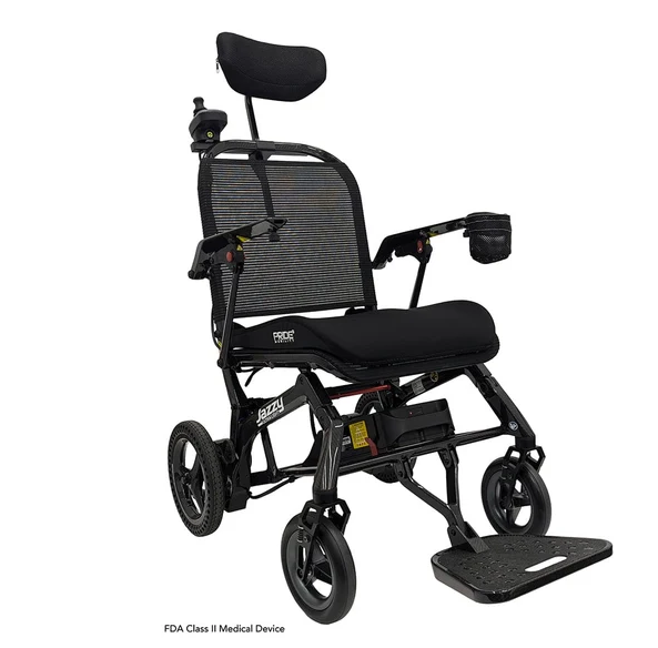 A black electric power wheelchair with a mesh backrest, padded seat, headrest, armrests, and a footrest, shown on a plain white background. Small branding text is visible on the chair frame and seat area.