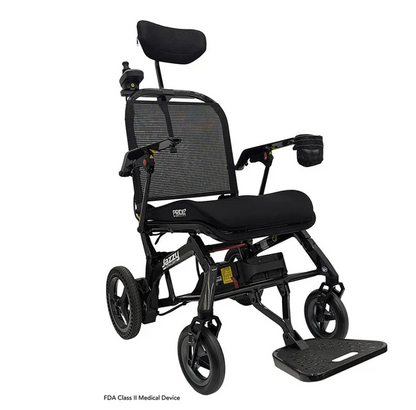 A black electric power wheelchair with a mesh backrest, padded seat, headrest, armrests, and a footrest, shown on a plain white background. Small branding text is visible on the chair frame and seat area.