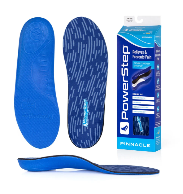 Blue PowerStep insoles shown from both top and bottom views, with the retail box standing beside them on a clean white background.