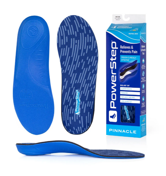 Blue PowerStep insoles shown from both top and bottom views, with the retail box standing beside them on a clean white background.