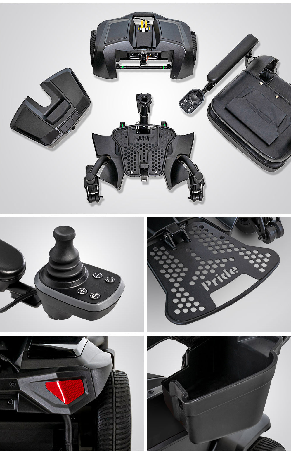 Collage of various components of a Pride scooter on a gray background