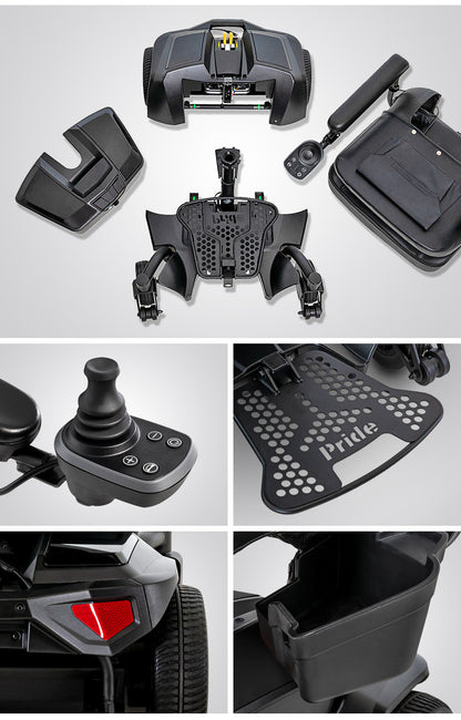 Collage of various components of a Pride scooter on a gray background