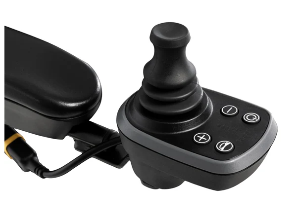 A black joystick control with four buttons on a white background, shown alongside part of a matching black controller or housing and a cable with a yellow connector.