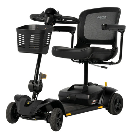 A black RIDGELIFT electric mobility scooter with a mesh back seat, a front storage basket, and four wheels, shown on a solid white background.