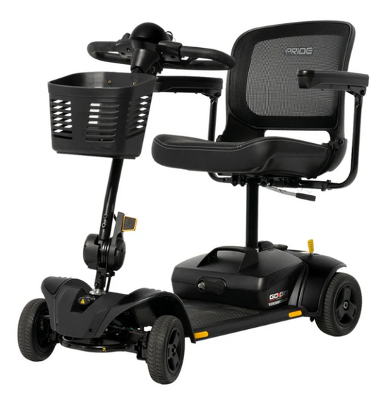 A black RIDGELIFT electric mobility scooter with a mesh back seat, a front storage basket, and four wheels, shown on a solid white background.