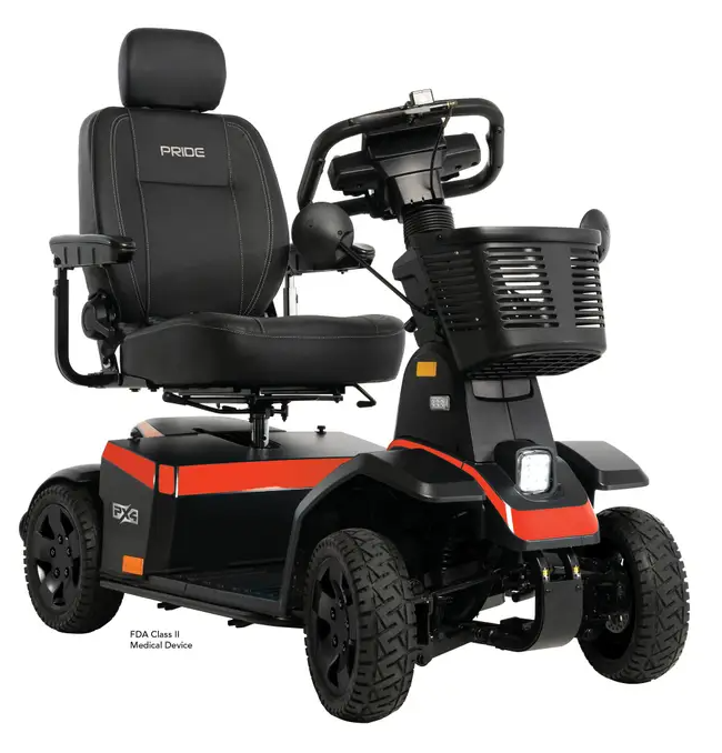 Black and red Pride FX4 Class II medical scooter with a front basket, rear wheels, and a high-back seat, shown on a white background.