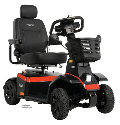 Black and red Pride FX4 Class II medical scooter with a front basket, rear wheels, and a high-back seat, shown on a white background.