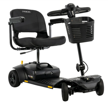 A black electric power wheelchair with a high-back seat, steering wheel, front basket, and three wheels, shown on a plain white background. The brand name 'PRIDE' is visible on the backrest, and 'GO 300' is visible on the side panel.