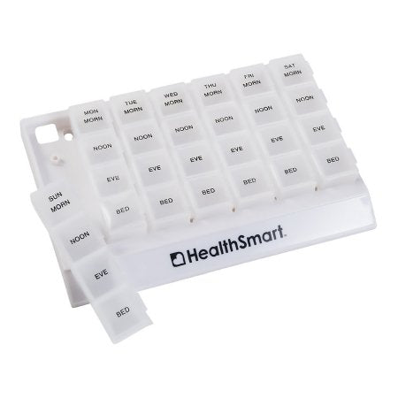 HealthSmart Large 7 Day 4 Dose pill organizer with extra-large print labels and quick-release compartments for Morning, Noon, Evening, and Bedtime