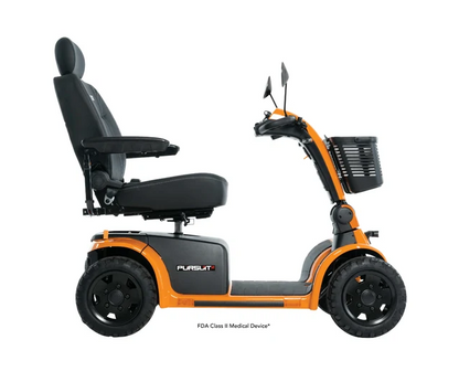 An electric mobility scooter with a black seat, black basket, and black wheels, featuring a bright orange frame and black side panel with the PURSUT brand name. The scooter is shown from a side profile view on a solid white background.