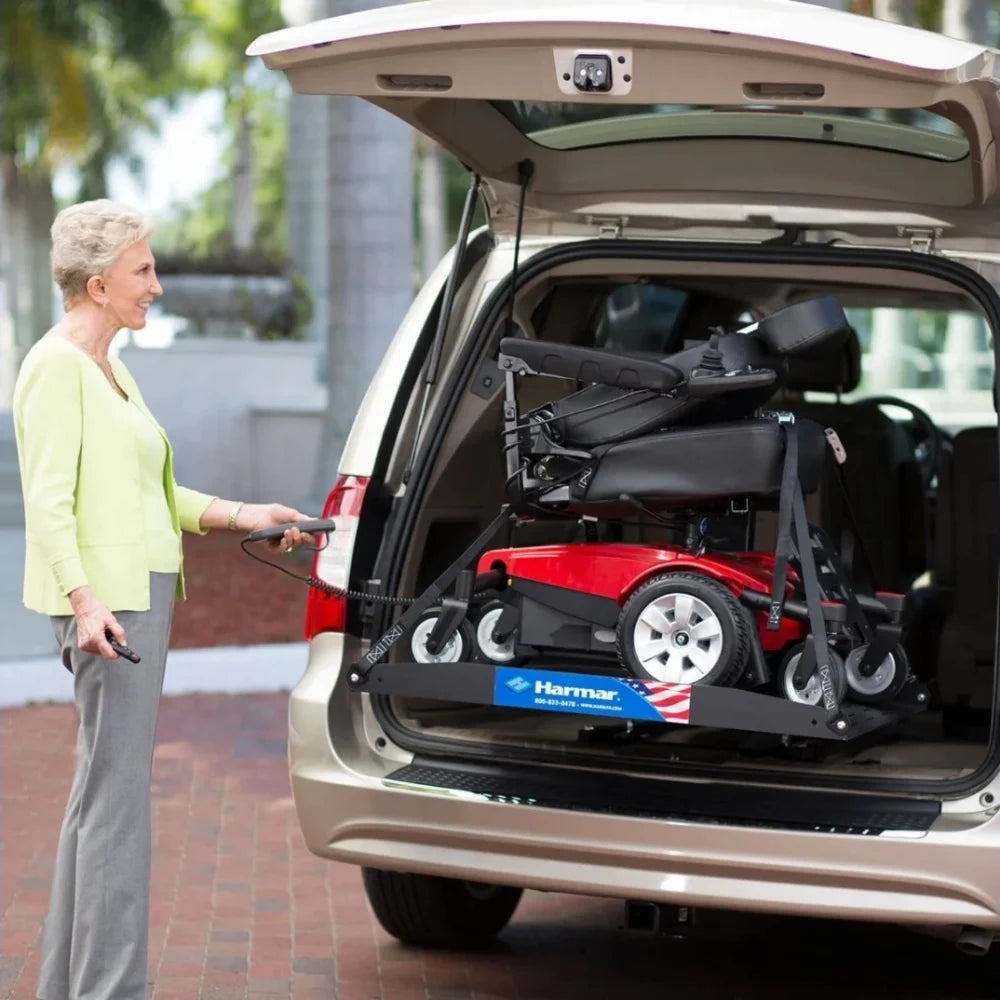 Harmar AL600 Classic platform carrying mobility equipment into a vehicle