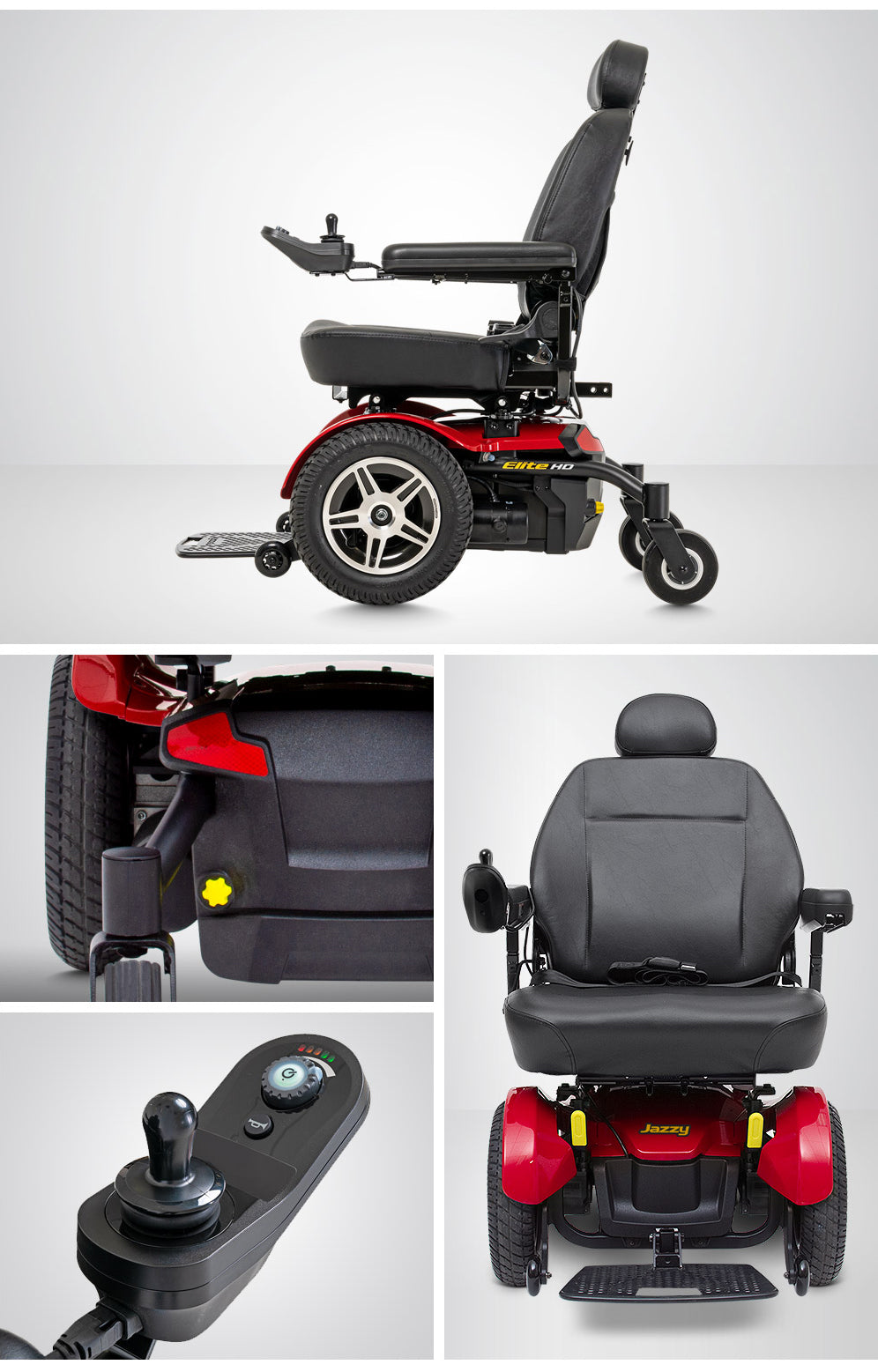 Collage of a power wheelchair with close-up details on a light gray background