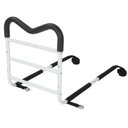 M-Rail Home Bed Assist Handle showing M-shaped padded grip, white metal frame, safety strap, and folding support legs