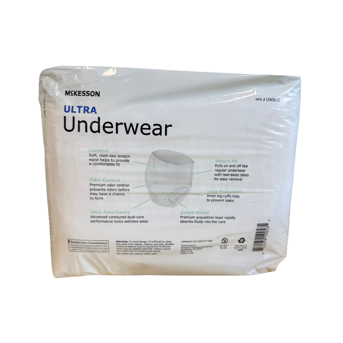 McKesson Ultra Underwear back panel showing features: odor control, ultra absorbency, AirMed Shield, leak protection, and secure fit with tear-away sides