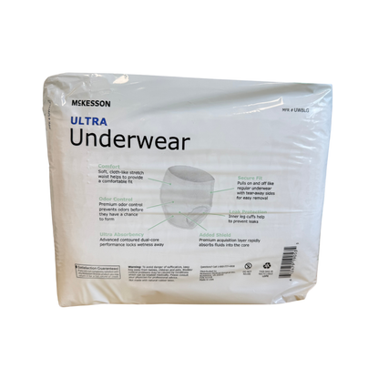 McKesson Ultra Underwear back panel showing features: odor control, ultra absorbency, AirMed Shield, leak protection, and secure fit with tear-away sides