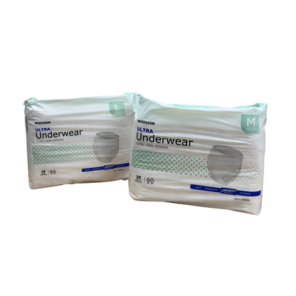 McKesson Ultra Underwear Heavy Absorbency — size L (18 count) and size M (20 count) packages