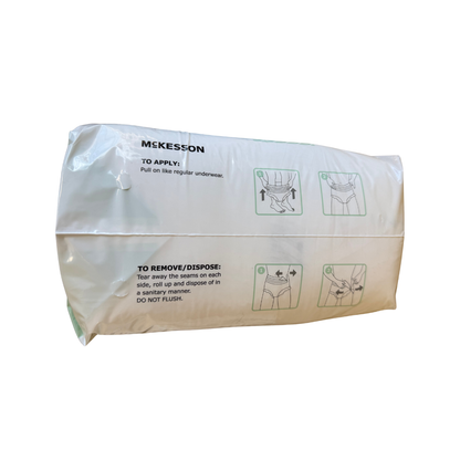 McKesson Ultra Underwear application and disposal instructions — pull on like regular underwear, tear away seams to remove