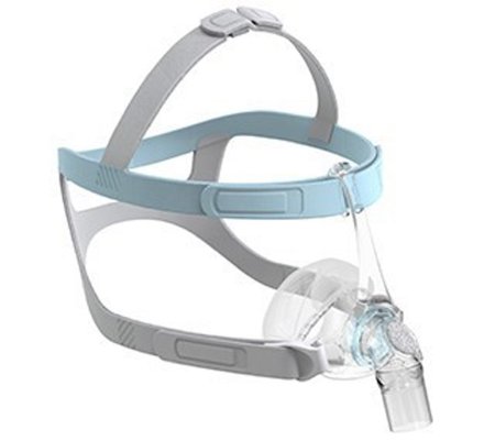Nasal CPAP mask with clear silicone cushion and light blue gray headgear straps — side angle view